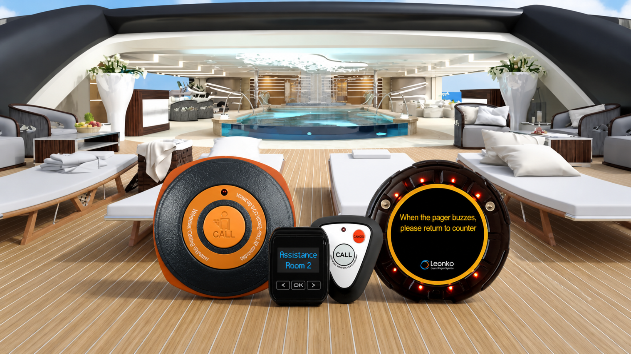 MMCall wireless call devices on a luxury yacht deck